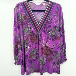Susan Graver Liquid Knit Floral Embroidered Top Sz L Purple Boho Artsy Long Slv